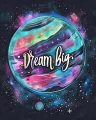 Wall Mural - Dream big hand lettering phrase on painted cosmic galaxy background with planet and stars. Modern calligraphy inspirational quote.