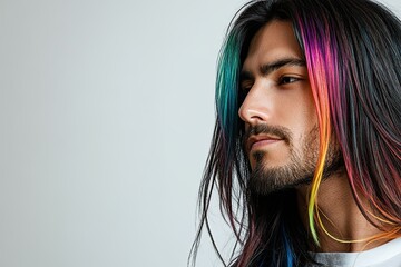 Sticker - A young and beautiful man with long rainbow colors and black hair.