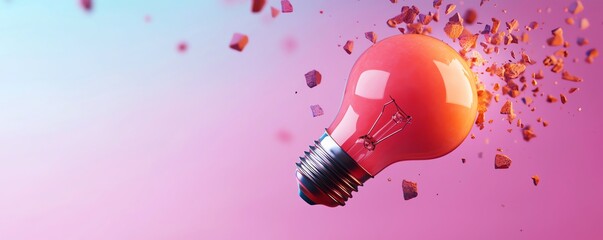 A vibrant pink and blue background with a broken red light bulb, symbolizing creative ideas and innovation in modern design.