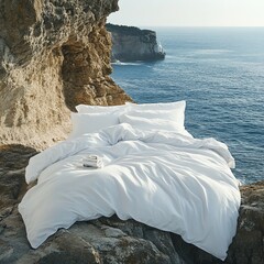 Poster - White Duvet Cover on a Cliffside Overlooking the Sea