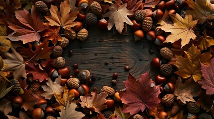 Wall Mural - Frame of autumn leaves in oak and acorns