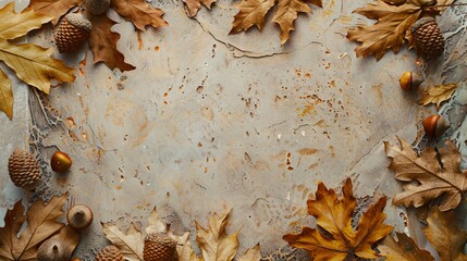 Wall Mural - Frame of autumn leaves in oak and acorns