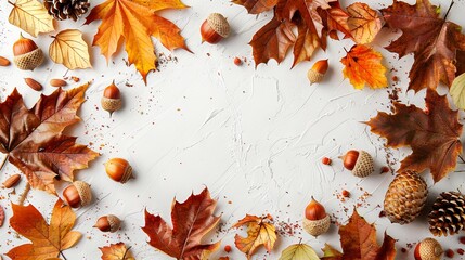 Wall Mural - Frame of autumn leaves in oak and acorns