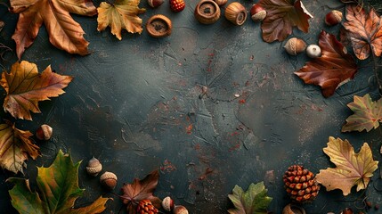 Wall Mural - Frame of autumn leaves in oak and acorns