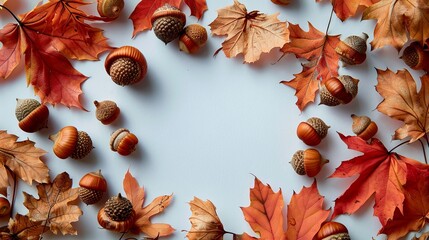 Wall Mural - Frame of autumn leaves in oak and acorns
