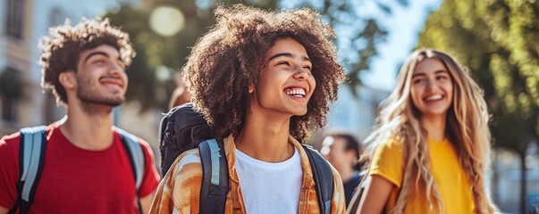 Group of diverse young tourists walking and having fun together