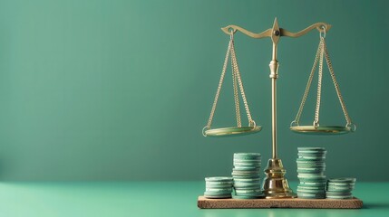 A vintage balance scale with coins, symbolizing justice, equity, and financial principles against a calming green backdrop.