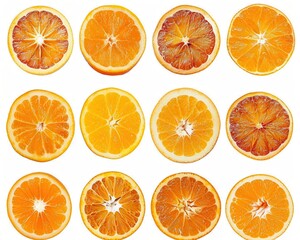 Orange Slices Isolated. Collection of Fresh Citrus Fruit Slices on White Background