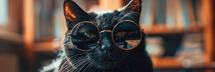 Canvas Print - Black cat with round sunglasses perched on a table, showcasing an intriguing reflection in the lenses.