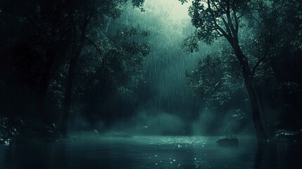 Wall Mural - a cinematic style wide shot of a rainy forest night, showcasing the mysterious and moody atmosphere 