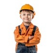 © Sim - Smiling little boy wearing hard hat construction worker uniform standing front view isolate on transparency background