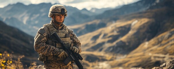 Soldier standing guard in mountainous terrain