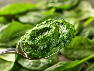 Wall Mural - Spinach sauce in a spoon on a background of spinach leaves