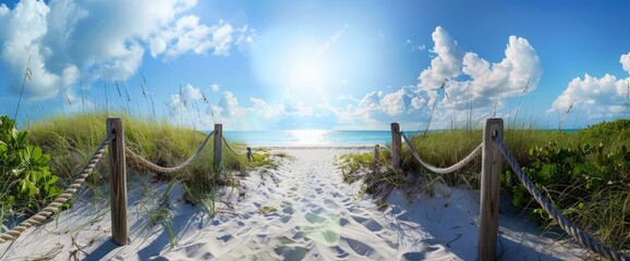 Wall Mural - beautiful path leading to the beach, white rope and wood fence with green grass on both sides, blue 
