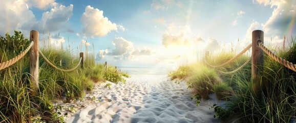 Wall Mural - beautiful path leading to the beach, white rope and wood fence with green grass on both sides, blue 