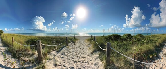 Wall Mural - beautiful path leading to the beach, white rope and wood fence with green grass on both sides, blue 