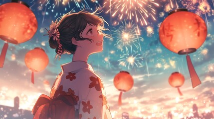 Sticker - anime girl with kimono at fireworks festival