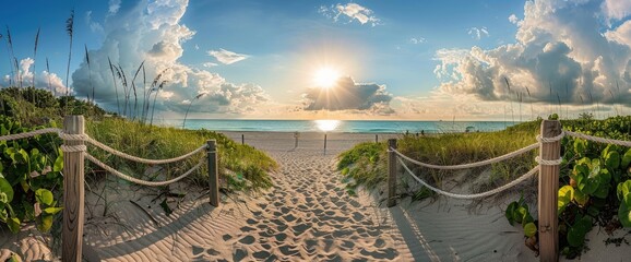 Wall Mural - beautiful path leading to the beach, white rope and wood fence with green grass on both sides, blue 