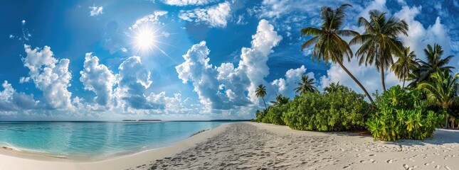 Wall Mural - beautiful path leading to the beach, white rope and wood fence with green grass on both sides, blue 