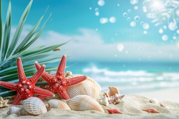 Wall Mural - a starfish and seashells on the beach with palm leaves, sunlight shining through . generative ai