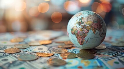 A globe rests on a background of various currencies, symbolizing global finance and economic diversity.