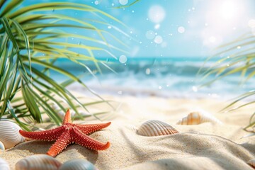 Wall Mural - sea star, green palm leaves arranged on pink background. summer holidays vacation concept. poster ba