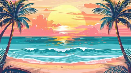 Wall Mural - illustrate a vector graphic of a beach scene with a gradient sunset, featuring silhouettes of palm t