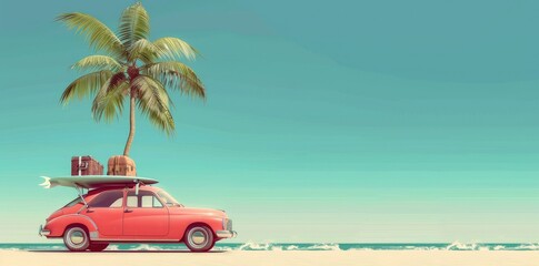 Wall Mural - classic red car parked by the shore, evoking nostalgia and summer vibes with its vintage charm again