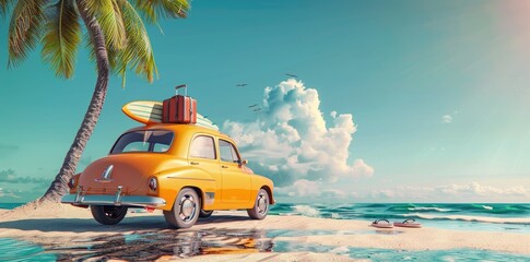 Wall Mural - classic red car parked by the shore, evoking nostalgia and summer vibes with its vintage charm again