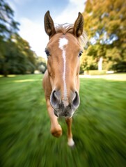 Wall Mural - A horse is running towards the camera on outdoor background.