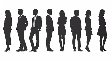 Silhouetted figures of men and women standing in a line, showcasing diverse poses and professional attire.