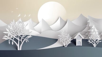 Wall Mural - 3d paper cut forest landscape mountain paper cut style natural landscape scene illustration