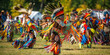 © tynza - Traditional Native American powwow with dancers in colorful regalia performing in a circle, with vibrant feathers, beadwork, and drums.