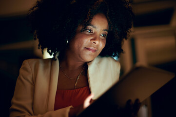 Wall Mural - African woman, tablet and deadline for work, email and management report in office during night. Business consultant, tech and night for project administration, writing review and research proposal