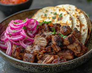 Wall Mural - mouthwatering cochinita pibil with marinated pork, pickled onions, and soft tortillas