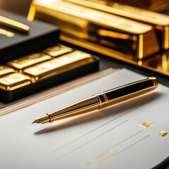 A luxury pen signing a portfolio document next to gold bars, indicating a highvalue investment decision gold portfolio, value signature