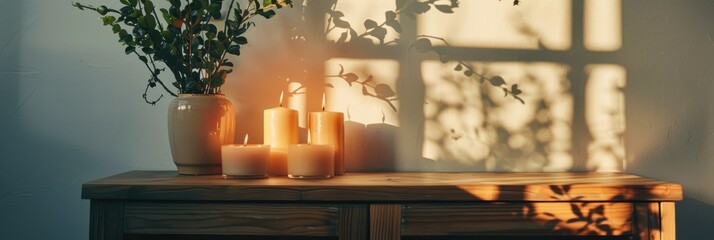 Canvas Print - Candles placed on a wooden cabinet in a bedroom setting featuring plants and wall shadows