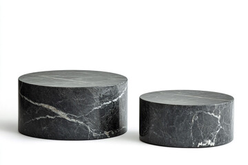 Circular black marble podium for product display isolated on white