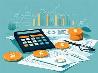 Poster - Calculator, Coins, Graphs and Charts on Desk.