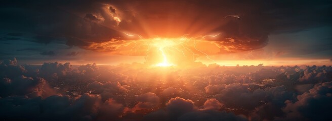 Wall Mural - a bright orange explosion in the sky with a city below by ai generated image