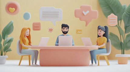 Aufkleber - 3D illustration of people collaborating on a project with laptops.