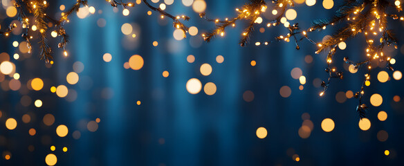 holiday illumination and decoration concept - christmas garland bokeh lights over dark blue background