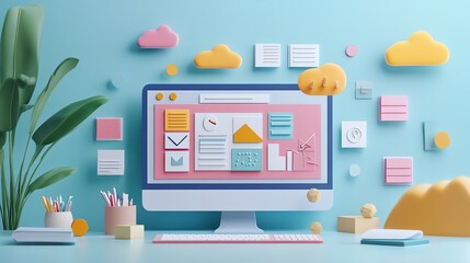 Fototapete - Minimalist workspace with computer and abstract shapes.