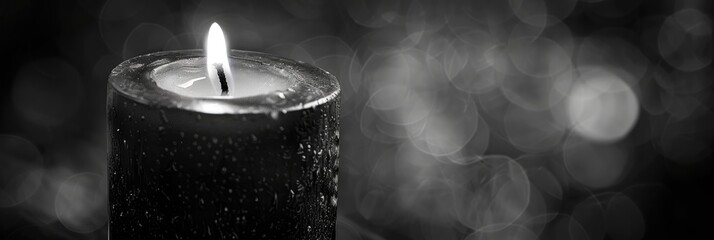 Poster - close-up view of a glowing candle in monochrome.