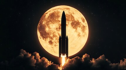 a rocket silhouetted against a full moon as it ascends into space.