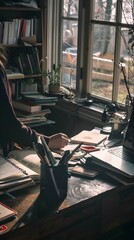 Poster - Woman Working at Desk with Laptop and Papers.