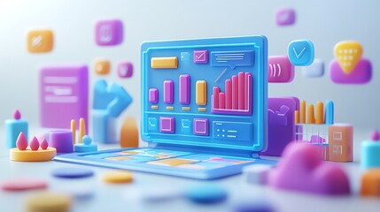 Aufkleber - Colorful 3D Laptop with Data and Charts.