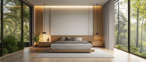 Poster - Modern bedroom with minimalist furniture, hardwood floor, and a large window, light background