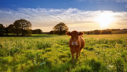 Sticker - red cow in meadow, AI generated