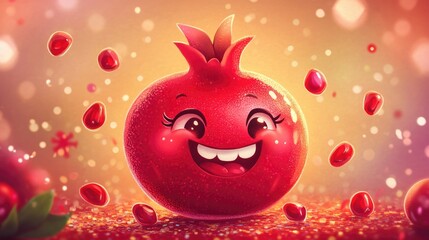 Canvas Print - Cute cartoon pomegranate with a happy face, popping out seeds on a festive background.